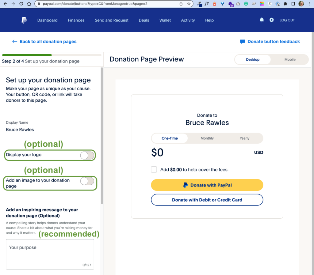 Paypal account: Donation Page Preview